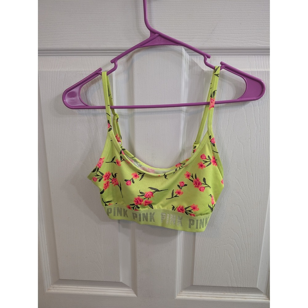 PINK Sport Bra Women Lime Green Floral Adjustable Metallic Logo - Size S